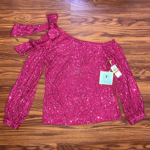 NWT CeCe™ Sequin One Shoulder Top with Big Bow - Picture 1 of 11